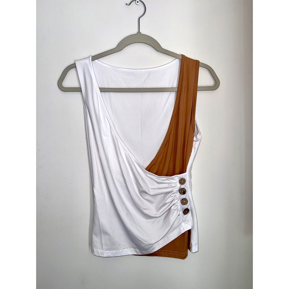 Women Two Tone Asymmetrical Draped Button Tank Top White Brown Size L